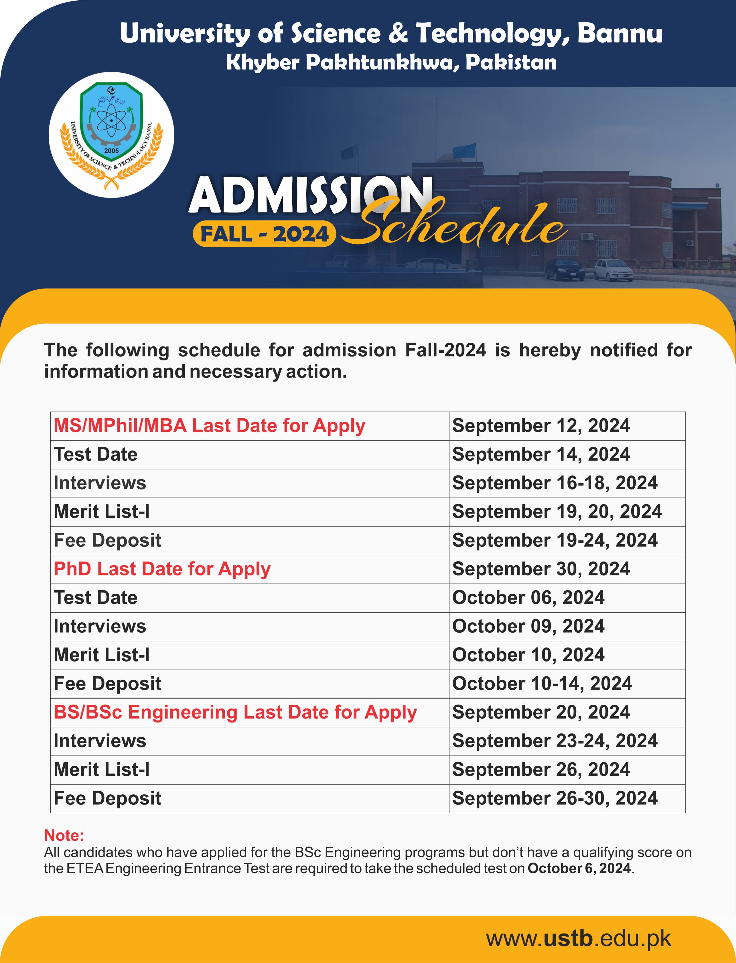 Fall 2024 Admission Schedule